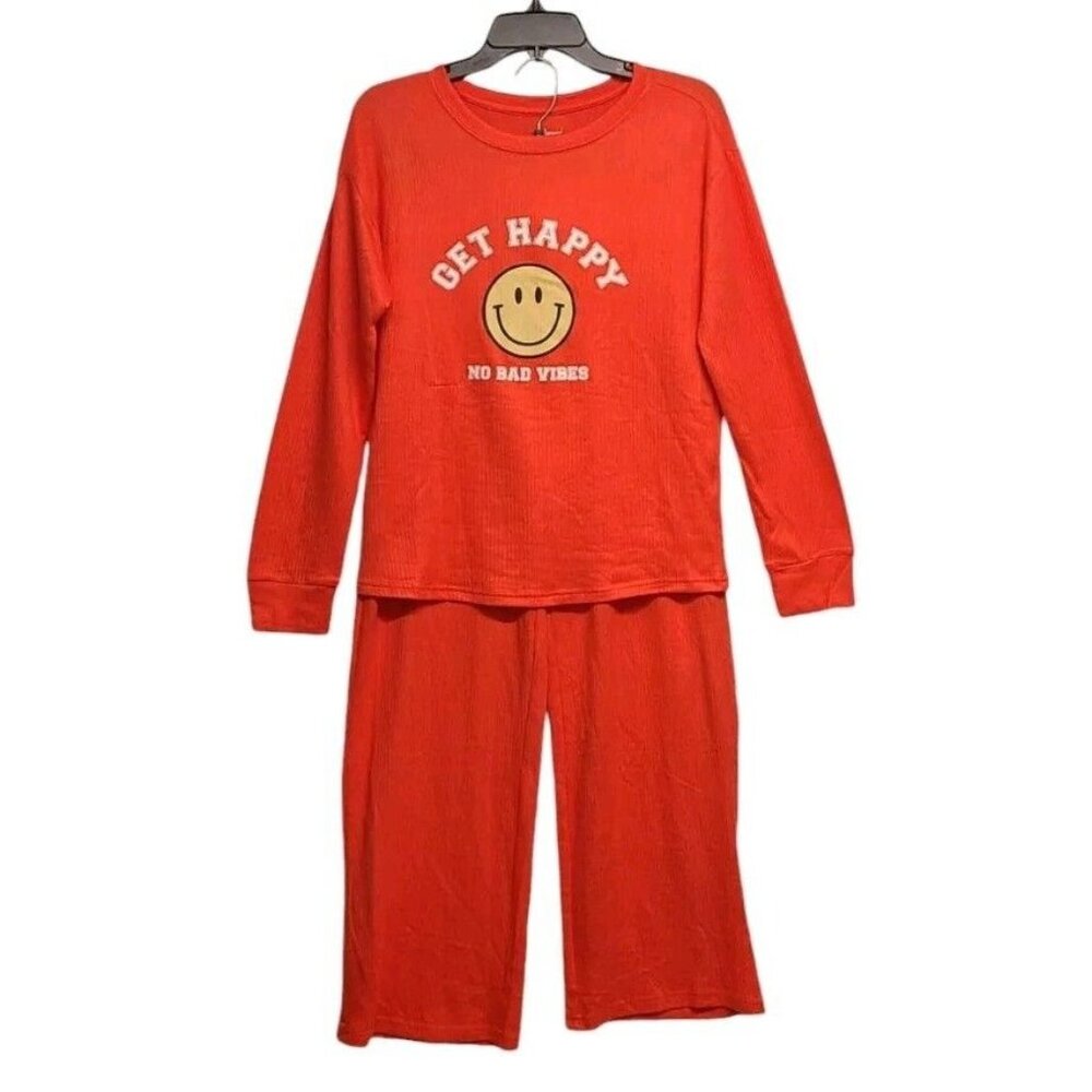 Jenni Intimates Pajama Set Womens XS Smiley Face Graphic Print  Ribbed Knit